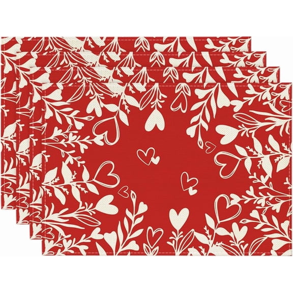 Red Heart Love Leaves Round Valentine Placemats Set of 4, 14 Inch Anniversary Wedding Round Table Mats for Dining Decoration