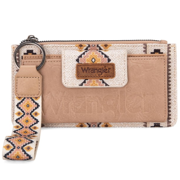 Carteras Wrangler para mujer occidental, monedero bohemio azteca con tarjetero de doble capa, cartera para mujer con cremallera WG139-W013TN