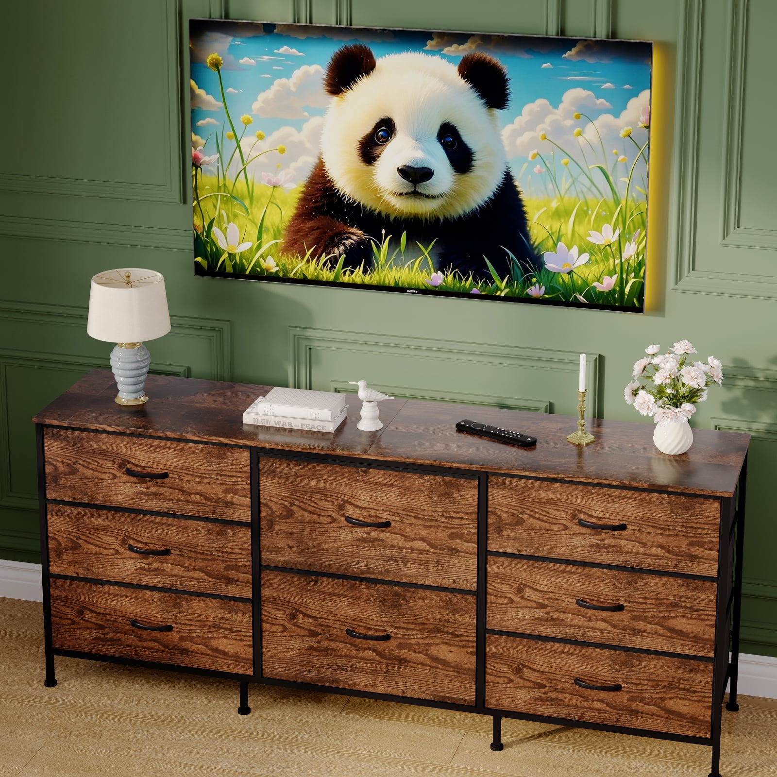 PYY 8-Drawer Wide Fabric Dresser TV Stand for Bedroom, Living Room and Home Office - 63" Storage Chest with Wooden Top, Metal Frame, Fits Up to 75" TV, Modern Organization Cabinet - Brown