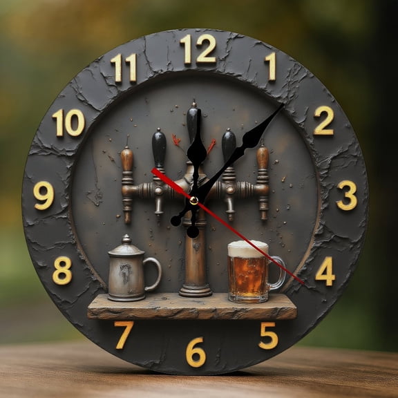 Wall Clock Decorative - Rustic Brown Beer Tap Print 2D Vintage Wall Clocks Battery Operated Silent Non-Ticking for Bedroom, Living Room, Kitchen, Office, Classroom, 10 Inch