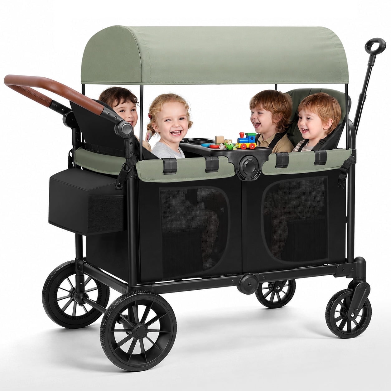 Neche Collapsible Wagon Stroller 4 Seater with 5-Point Harnesses, Canopy, Storage Bag, Adjustable Handlebar, 2 Cup Holders, Black+Green