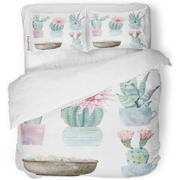 RYLABLUE 3 Piece Bedding Set Succulent Watercolor Saguaro Cactus It Perfect Bloom Cacti Desert Twin Size Duvet Cover with 2 Pillowcase for Home Bedding Room Decoration
