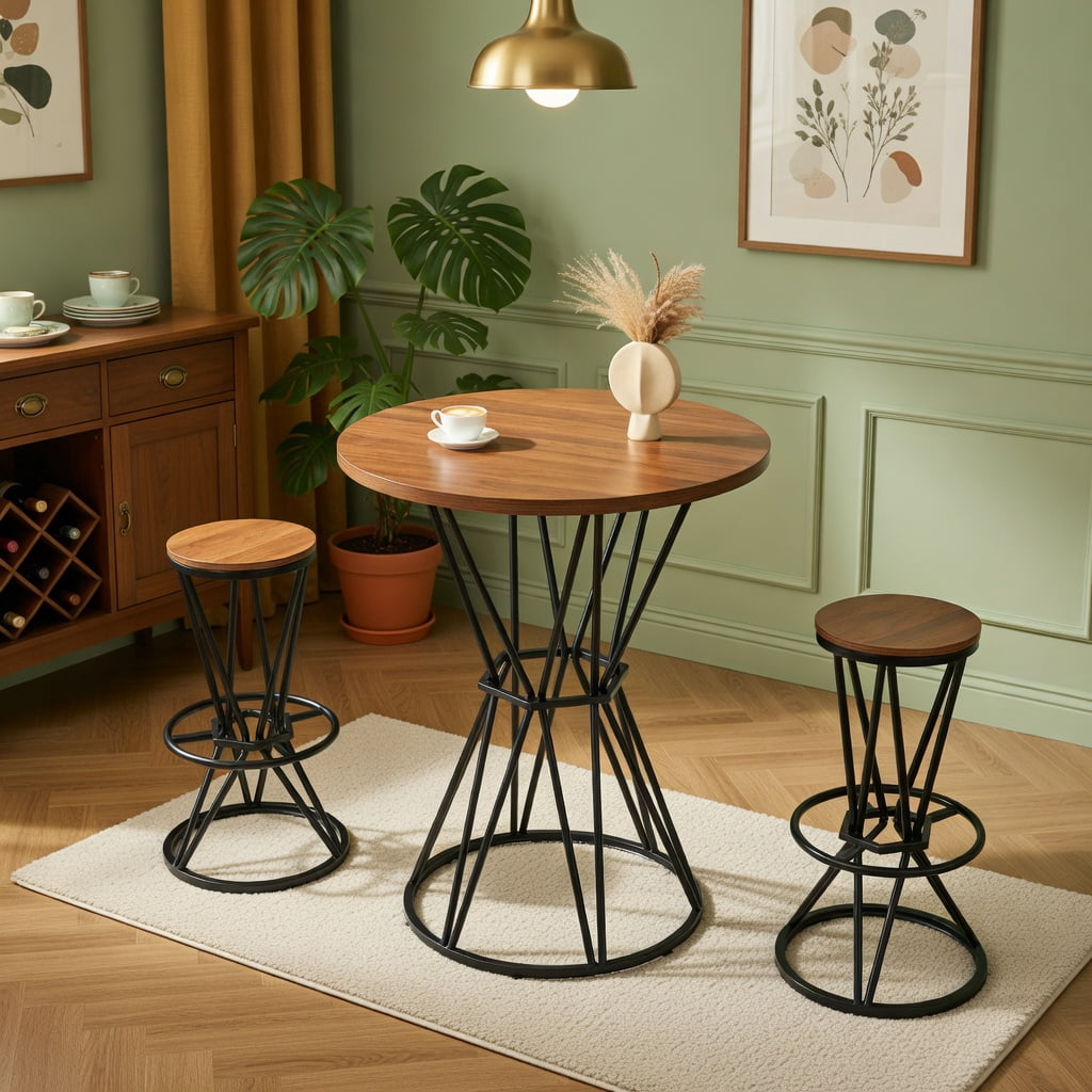 Hommoo 3-Piece Industrial Bar Set, 31.5" Wood Grain MDF Round Bar Table + 2 Metal Bar Stools for Kitchen Island, Small Apartment, Breakfast Nook, Walnut & Black