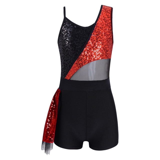 Jelory Robe Sans Manches à Sequins Scintillants pour Filles, Camisole à Franges, Justaucorps de Danse, Rouge 14