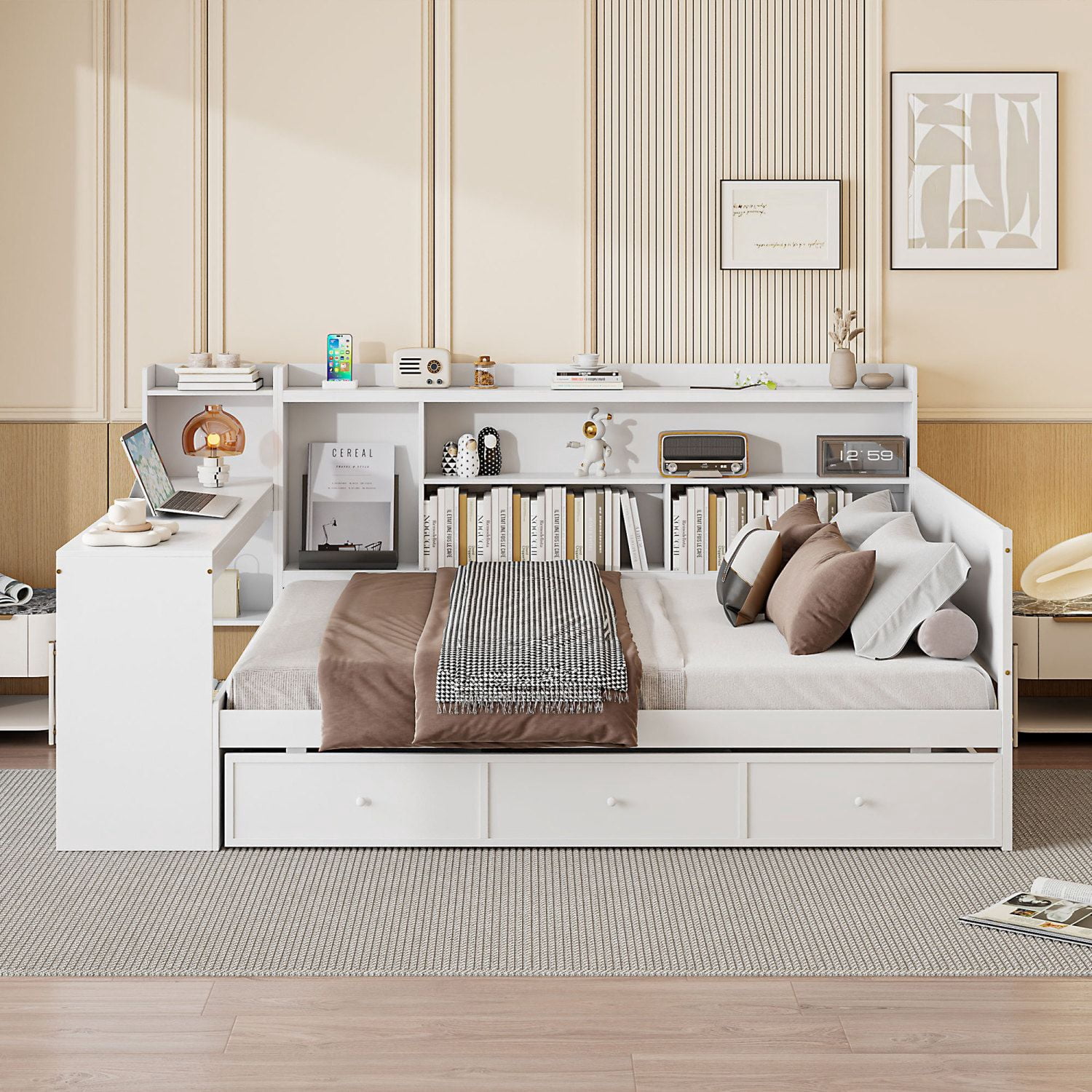 Full Size Wooden Daybed with Desk, USB Ports, 3 Drawers, and Side Storage, Pine Wood Frame, 92.1 in