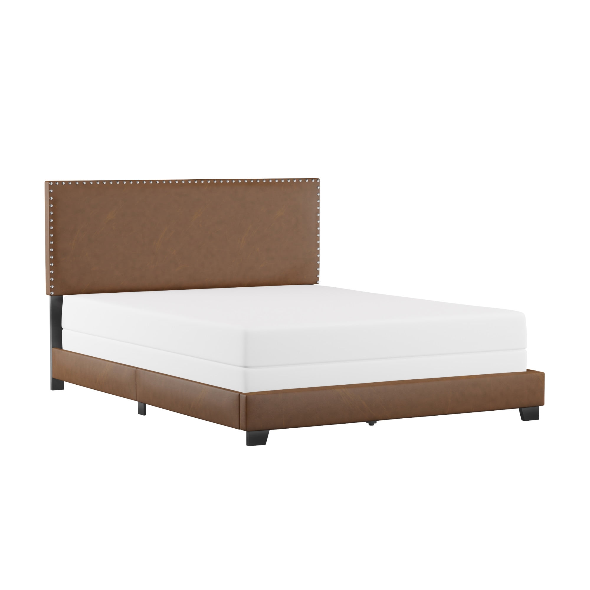 Willow Nailhead Trim Upholstered Queen Bed, Saddle Brown Faux Leather