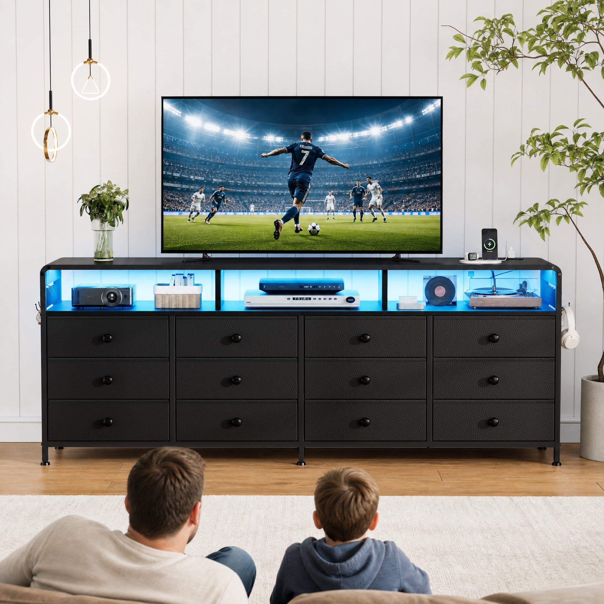 GUNAITO TV Stand for TVs up to 75", Big TV Stand with 12 Fabric Drawers and LED Lights, Entertainment Center with Storage and Shelves for Living Room, Black