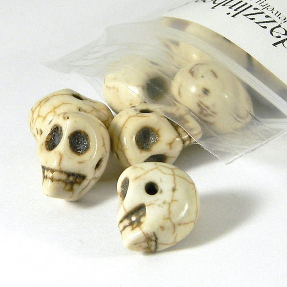 20 Natural Bone Colored 1/2 inch Horizontal Synthetic Magnesite Skull Shaped Skeleton Beige Stone Beads with Brown Cracks & Carving