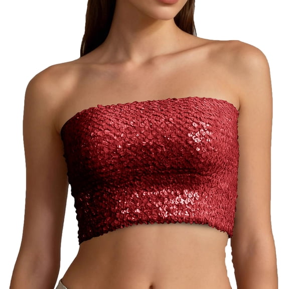 Women's Sequin Sparkly Tube Tops Glitter Bandeau Crop Tops Strapless Sexy Going Out Camisoles Concert Outfits , Red - One Size