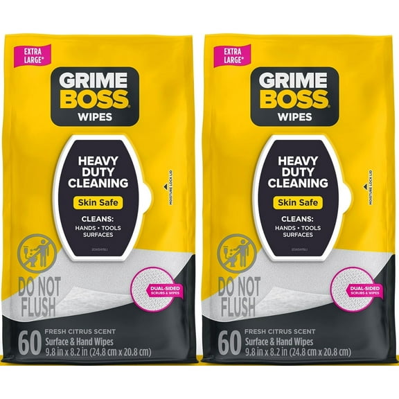 Heavy Duty Surface and Hand Wipes (2x60ct) | Remove Paint, Oil, Grease, Adhesives, Mud, Dirt | Workshop Replace Cleaners like Rags, Towels, Pumice, Soap
