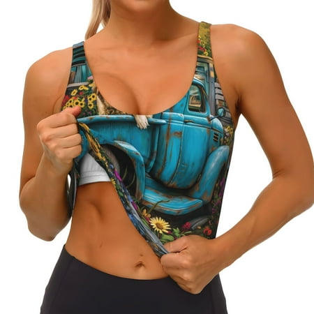 Qokaie Vintage Pickup Sunflower Dog Pattern Womens Scoop Neck Sports Bra Breathable Workout Vest Padded U Back Medium Impact Fitness Gym Yoga Bra Workout Crop Top