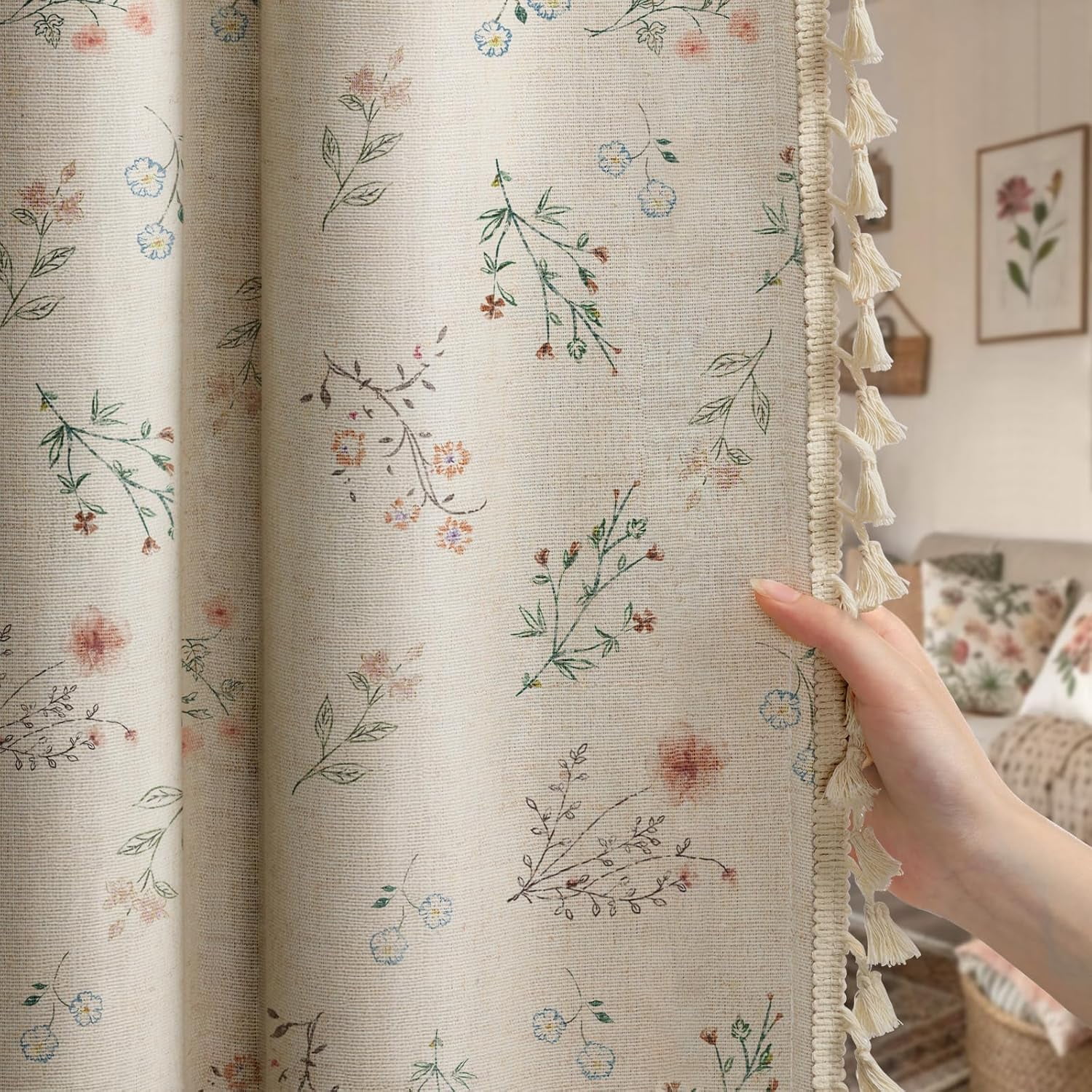 Boho Floral 100% Blackout Curtains 84 Inch Length 1 Panel, Linen Texture Farmhouse Curtains Beige Tassel for Living Room Bedroom Vintage Rustic Patterned Printed Western Rod Pocket