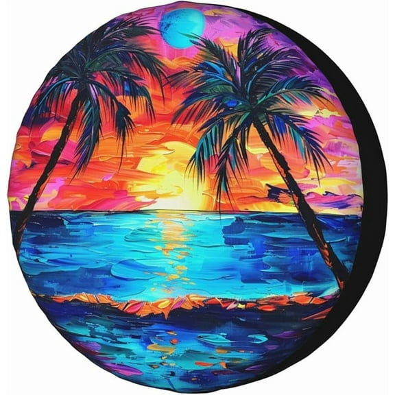 Beautiful Beach Sunset with Palm Trees Spare Tire Cover Dust-Proof Wheel Tire Cover Fit Trailer, RV, SUV and Many Vehicle