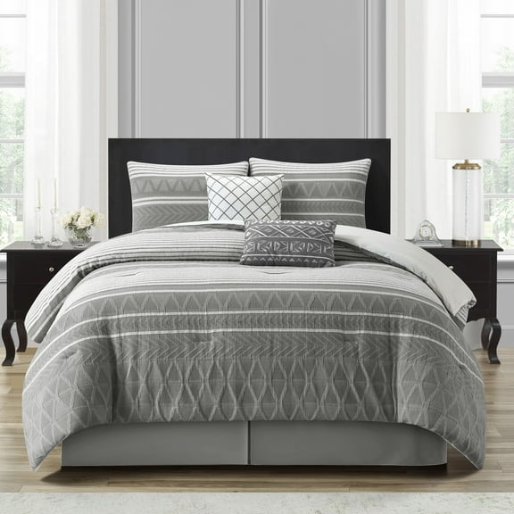 Nanshing Cleluya 6 Piece Striped, Geometric Comforter Set , Grey , Queen Size , Jacquard