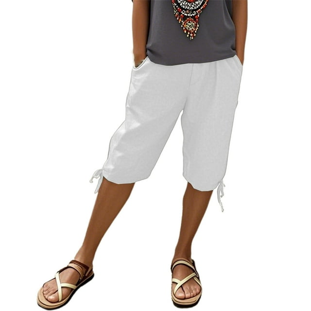 Women's Linen Pants with Pockets - Elastic Drawstring Leisure Five-Eighths Pants