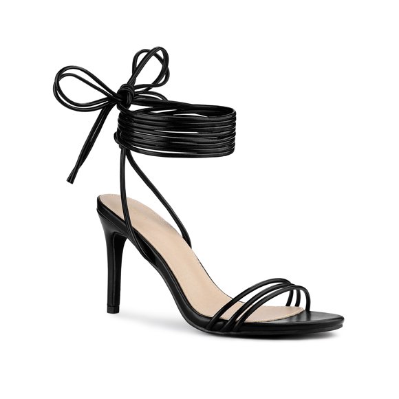 BLISSFUL STEP Women's Strappy Lace Up Slingback Open Toe Stiletto Heel Sandals Black 7