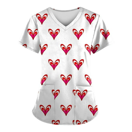 

DNDKILG Womens Holiday Professionals T Shirt Valentine s Day Short Sleeve Scrubs Top Working Uniform Casual V Neck Nursing Scrubs Red 2XL