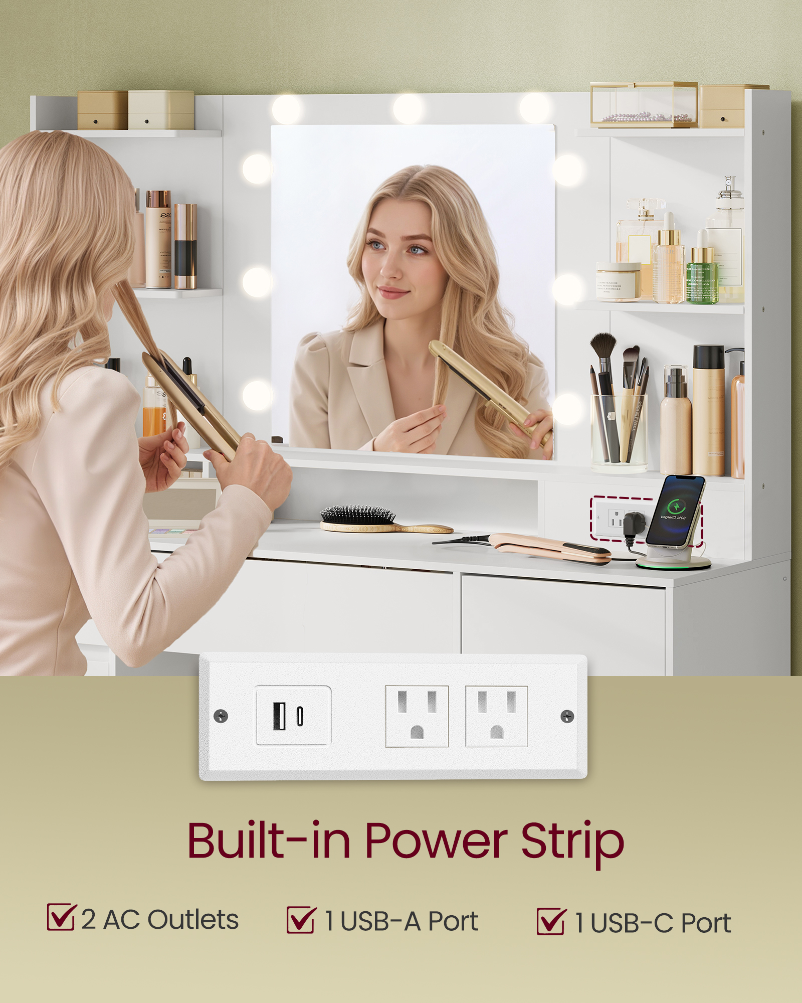 VASAGLE Kailyn Collection - Vanity Desk with Mirror and 9 LED Bulbs, Vanity Makeup Table with Power Outlets, Dressing Table with 2 Cabinets, for Bedroom, Cloud White