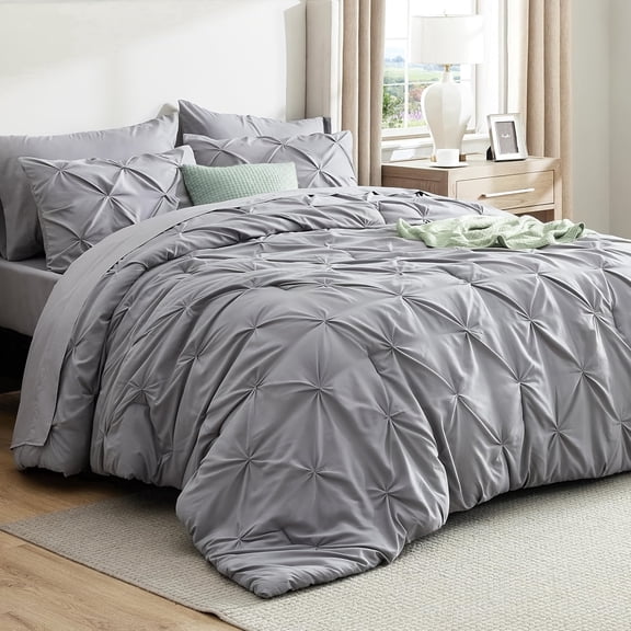 Two-piece Grey Ruched All-Season Bedspread Set (Extra Large Size), includes one quilt and one or two pillowcases.