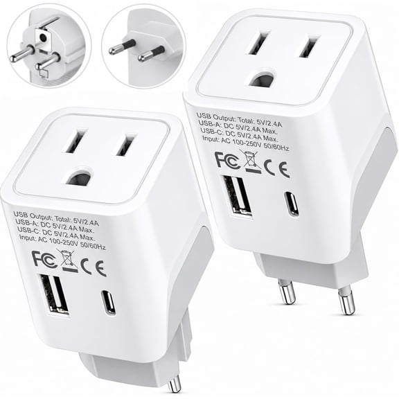European Travel Plug Adapter – Compact Type C & F Adapter with USB-C & A USA Input – Safe Grounded Schuko Adapter – Travel Charger for France, Germany & More – CTU-9-9C-PK