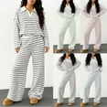thumbnail image 2 of Bloomae Women's 2 Piece Sets Fall Casual Striped Long Sleeve V Neck Knit Collared Pullover Sweater Tops and Wide Leg Pants Cozy Lounge Matching Set Coffee XXL, 2 of 10