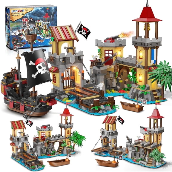 HOGOKIDS Pirate Ship Building Set with Fortress, 1502 Pcs 3-in-1 Pirate Adventure Toy with Drawbridge, Cannons, and Rowboat, Creative Building Bricks Toys for Boys, Kids, and Adults Ages 10