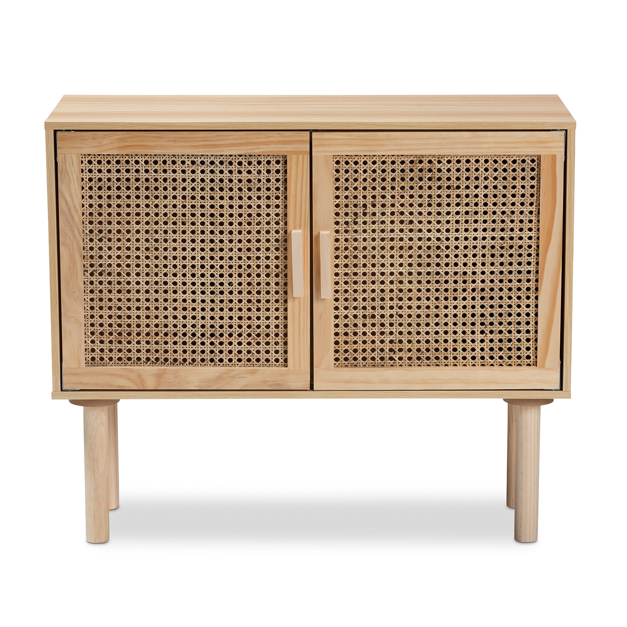 Baxton Studio Maclean Mid-Century Modern Rattan and Natural Brown Finished Wood 2-Door Sideboard Buffet