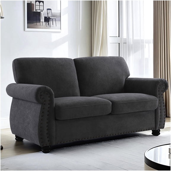 Black Velvet Loveseat Sofa with High-Density Foam Cushions, Modern 2-Seater Couch with Loose Back Pillows and Solid Wood Legs for Living Room, Apartment