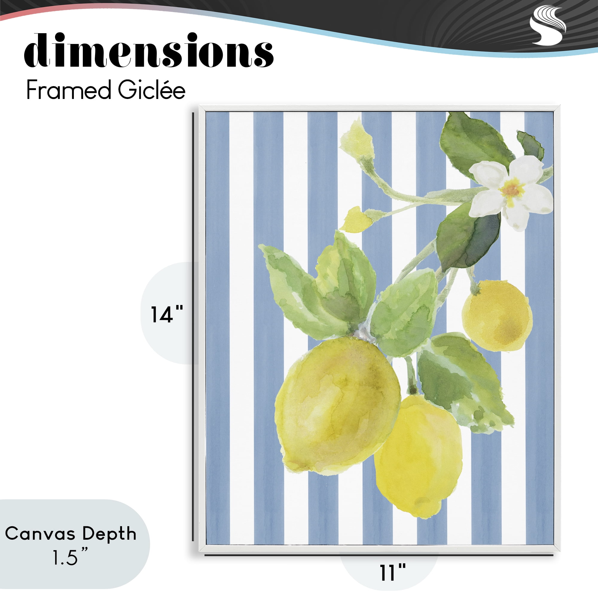 Stupell Industries Lemon Blossom on Blue Stripes White Framed Giclee Art, design by Lanie Loreth