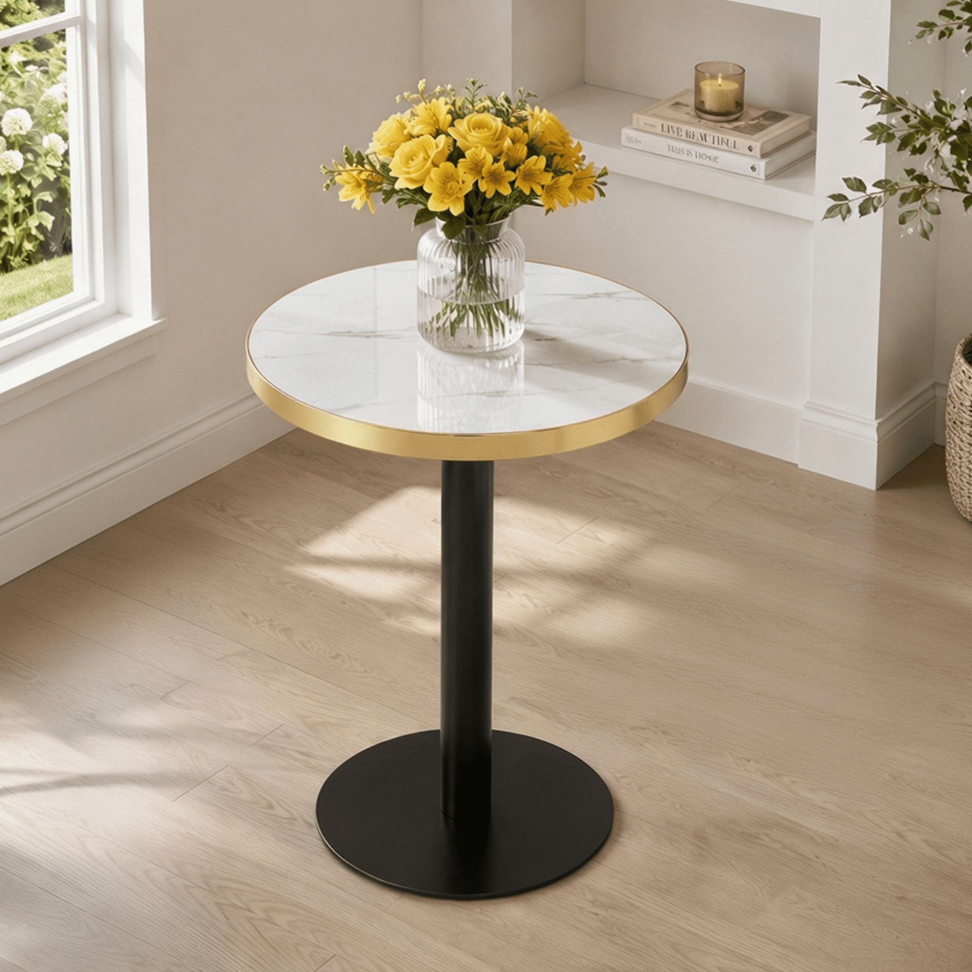 23.6" Round MDF sprayed with UV paint countertop, marble texture, stainless steel edging, metal table legs, modern light luxury edge/coffee table.