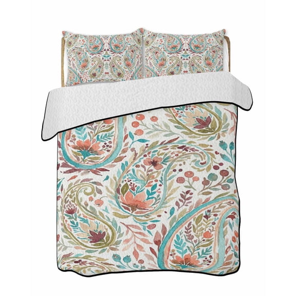 Twin Quilt Bedding Set, Boho Flower Reversible Summer Quilt 3 Pieces, Spring Watercolor Botanical Paisley Floral Leaf Lightweight Bedspreads Coverlets with 2 Pillow Shams for All Seasons