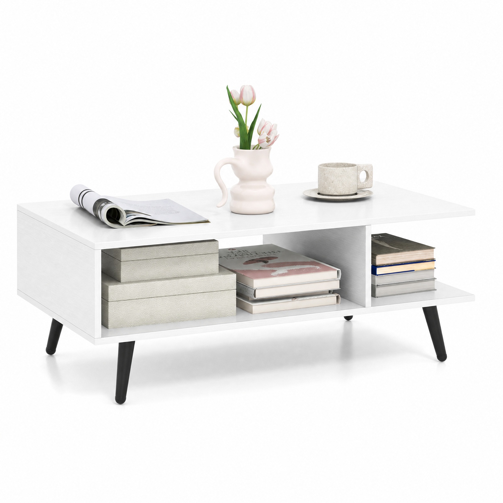 Furnibear Mid Century Modern 2-Tier Small Coffee Table with Two Open Compartments and Tapered Metal Legs for Apartment Living Room, White