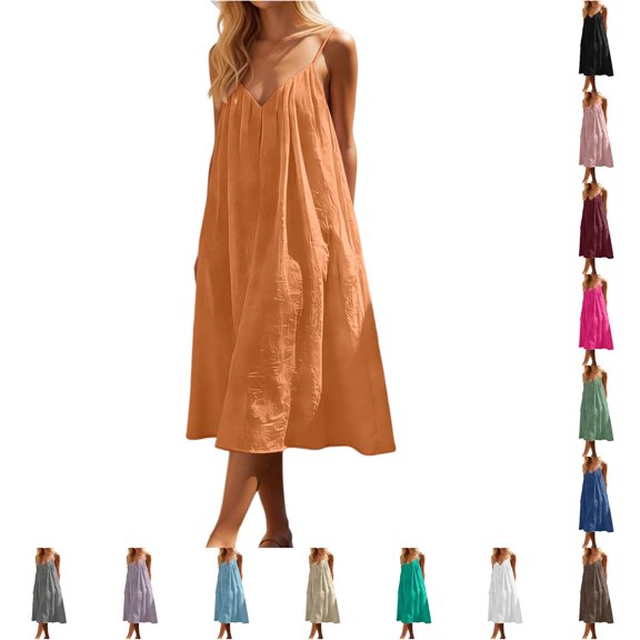 ZHOGXU Dresses For Women Spaghetti Strap Sleeveless V Neck Solid Color Backless Loose Fit Comfortable Summer Maxi Dress For Casual Daily Wear,Orange,Xxl
