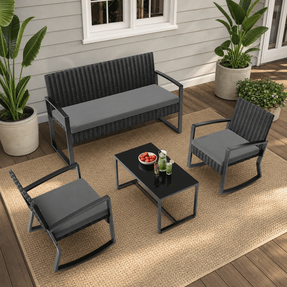 Asofer Patio Furniture Set, 4-Piece Outdoor Conversation Set with Coffee Table,Loveseat and Rocking chair , Gray