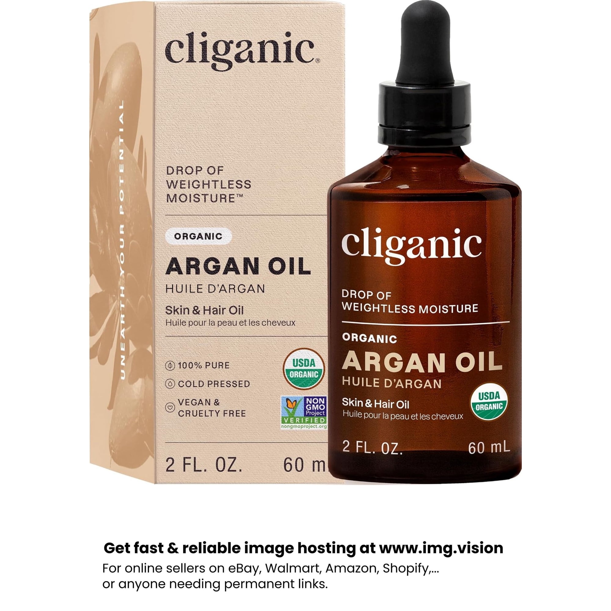 Cliganic Organic Argan Oil for Hair and Face, Light Moisturizer for All Hair Types, 2 fl oz