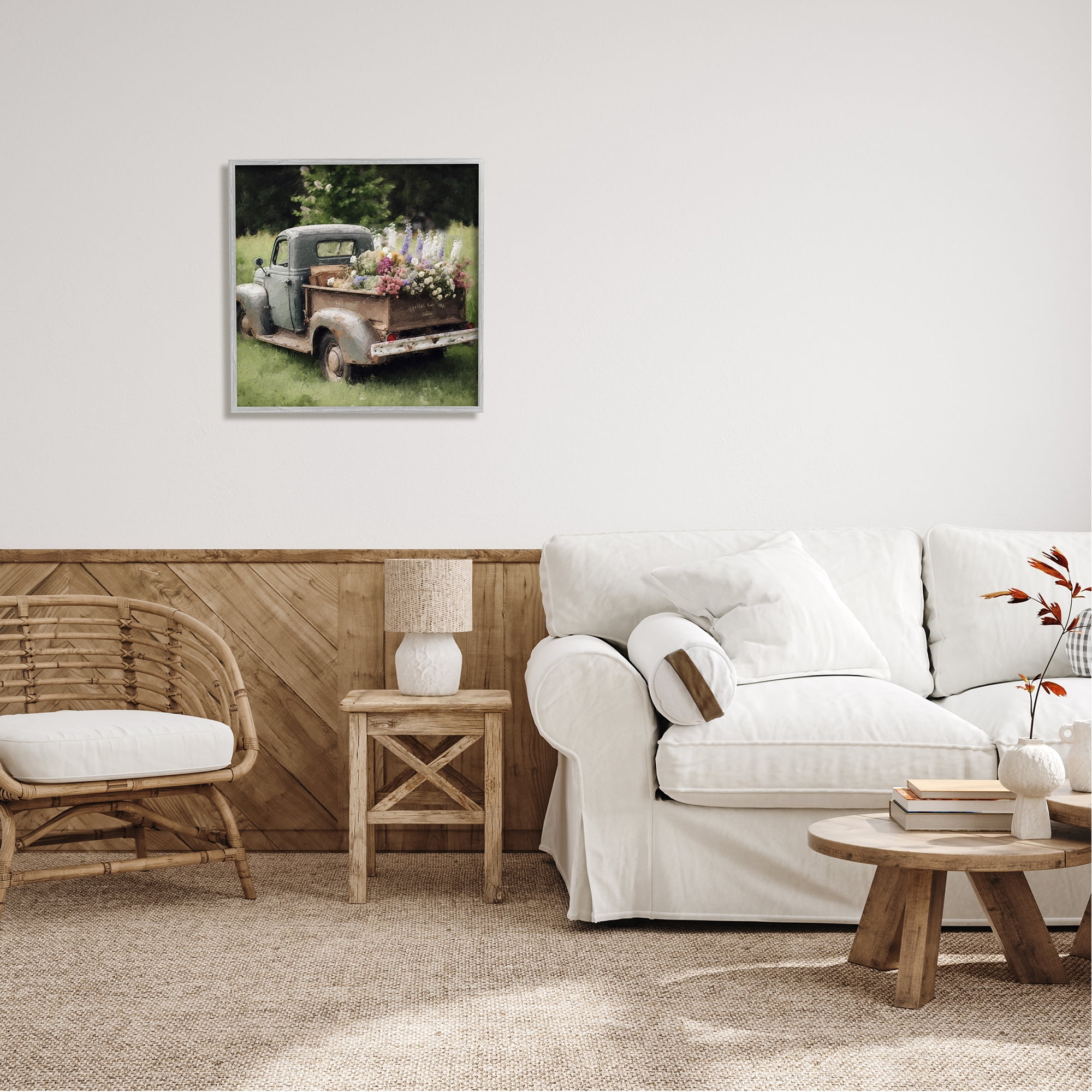 Stupell Industries Rural Pickup with Flowers Transportation Painting Gray Framed Art Print Wall Art, 24 x 24