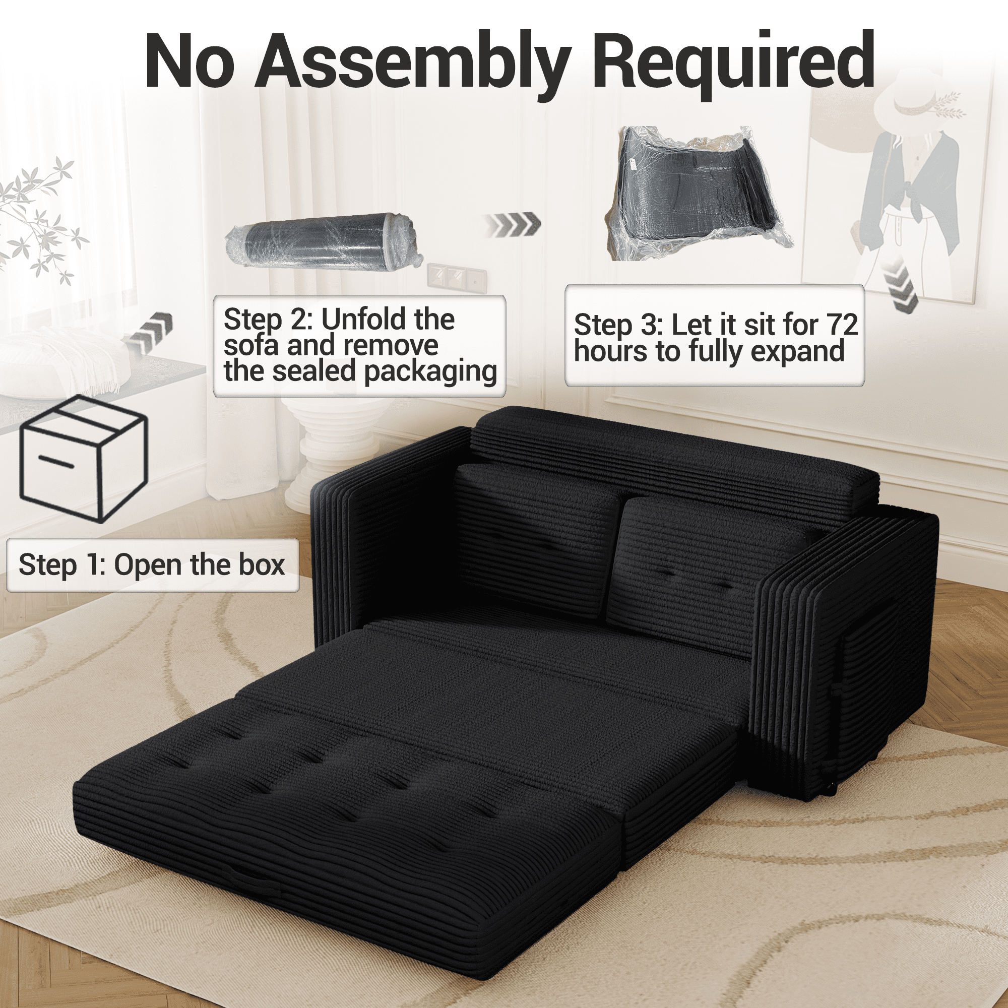 WENTUM Pull Out Loveseat Boneless Couch,Sleeper Sofa, Folding Couch Bed with Pillow for Living Room Bedroom, Black