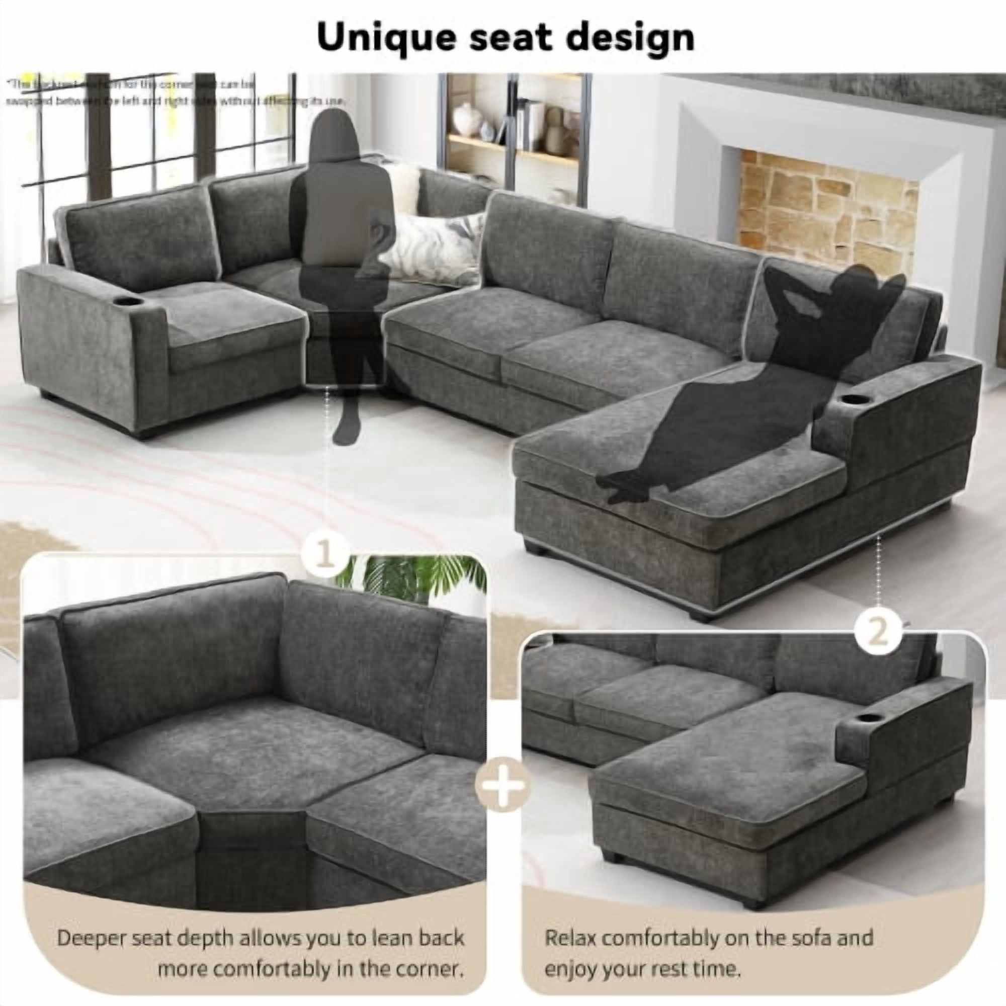 117.5" U-Shaped Chenille Sectional Sofa, 6-Seat Corner Couch Set with Cup Holders & Oversized Chaise Lounge, Irregular Corner Design for Living Room & Apartment, Gray