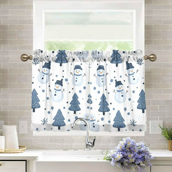 Yayeee Kitchen Curtains Tier Pair Light Filtering 27"x36" Rod Pocket Short Cafe Window Panel, Blue Cute Snowmen