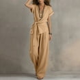 thumbnail image 7 of Women's 2 Piece Outfits Short Sleeve V Neck Top Wide Leg Pant Business Suit Set Dressy Pantsuits Summer Belted Top Loose Matching Set, 7 of 7