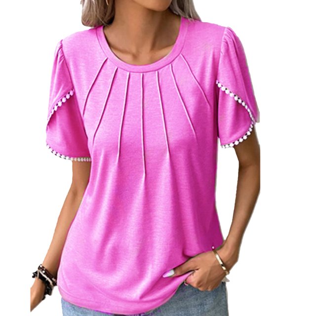 Blusa de manga de pétalo con cuello redondo y ribete de encaje, blusa ajustada plisada de manga corta de pétalo para mujer, citas