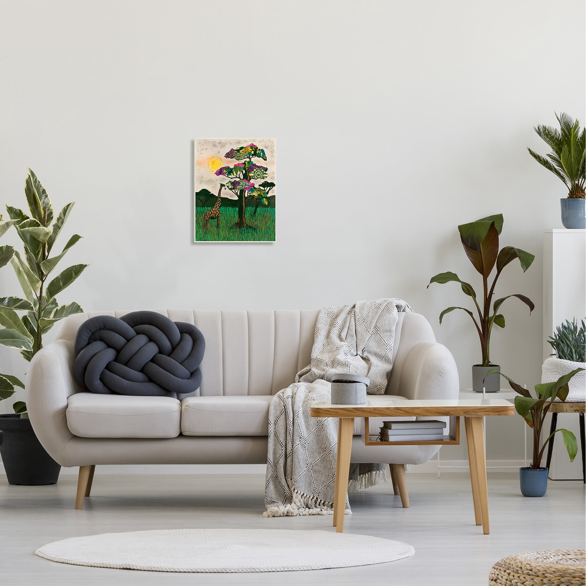 The Stupell Home Decor Giraffe with Bright Green Pink and Purple Mixed Media Collaged Trees Wall Plaque Art