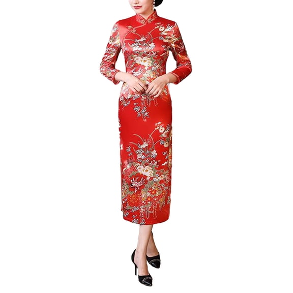 Quixlent Women Dress Chinese National Style Floral Print Stand Collar Three Quarter Sleeves High Side Split Chinese Knot Buttons Cheongsam Satin Silky Slim Fit Summer Spring Qipao