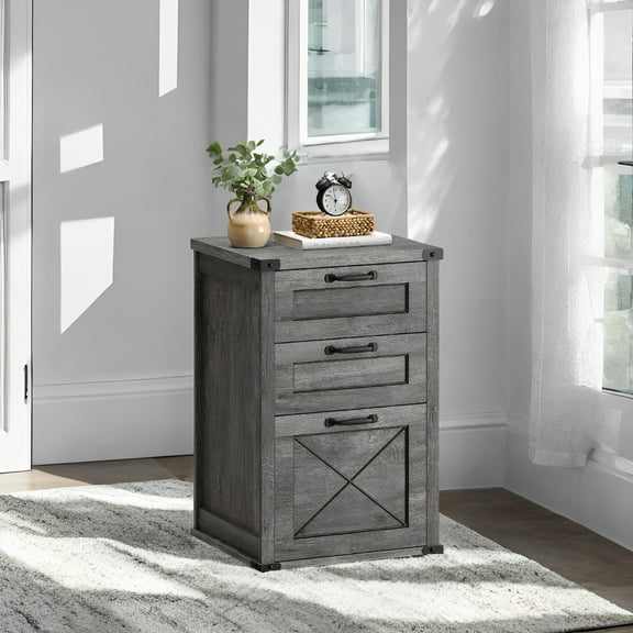 LEDREM 3-Drawer File Cabinet, Farmhouse Style Printer Stand for Home Office, Holds A4 Letter Files, Silent Slides & 110lb Capacity, Misty Gray