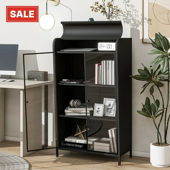 GZXS 47.6"H Arched Metal Display Cabinet with Tempered Glass Doors & Flip-Top Storage, 4-Tier Freestanding Sideboard with Adjustable Feet for Kitchen, Living Room, Home Office (Black)