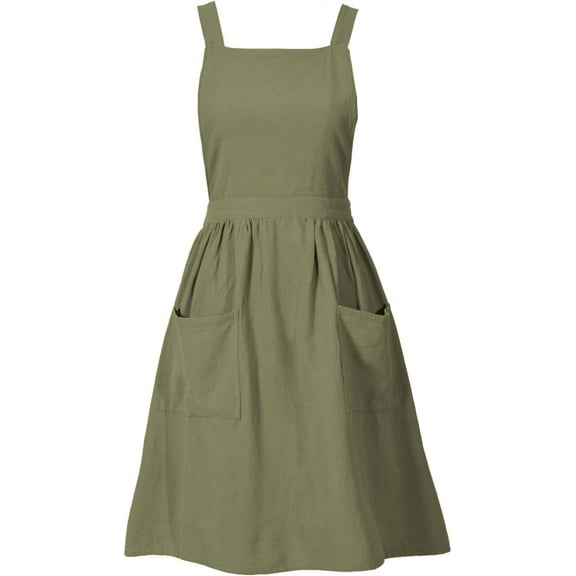 Cotton Linen Pinafore Apron Dress for Women with Pockets Cute Art Chef Aprons for Kitchen Baking Gardening Painting