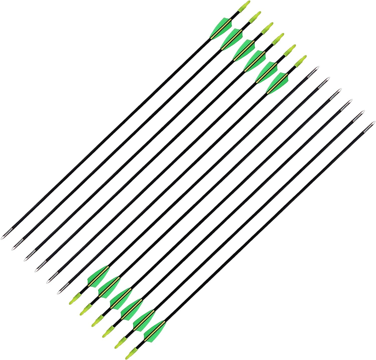 GPP 12PK 28 Fiberglass Archery Target Arrows - Practice Arrow or Youth Arrow for Recurve Bow,Green & Yellow Vanes