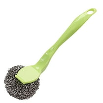 1Pcs Long & Short Handle Stainless Steel Scrub Brush with 8 Replacement Wire Pads, Heavy-Duty Pot Pan Cleaner Ergonomic Grip Kitchen Essential for Home Restaurant