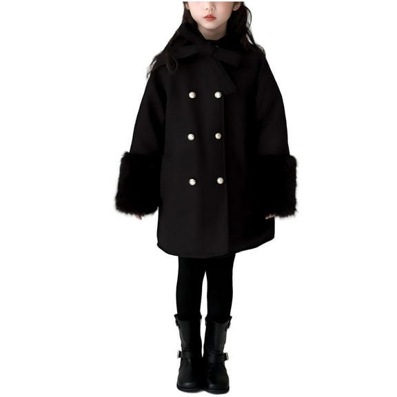 NAISIBABY Overcoat for Girls (1-12T), Double-Breasted Fluffy Long Sleeve Thermal Lined Winter A-Line Mid Length Coat Black 7T