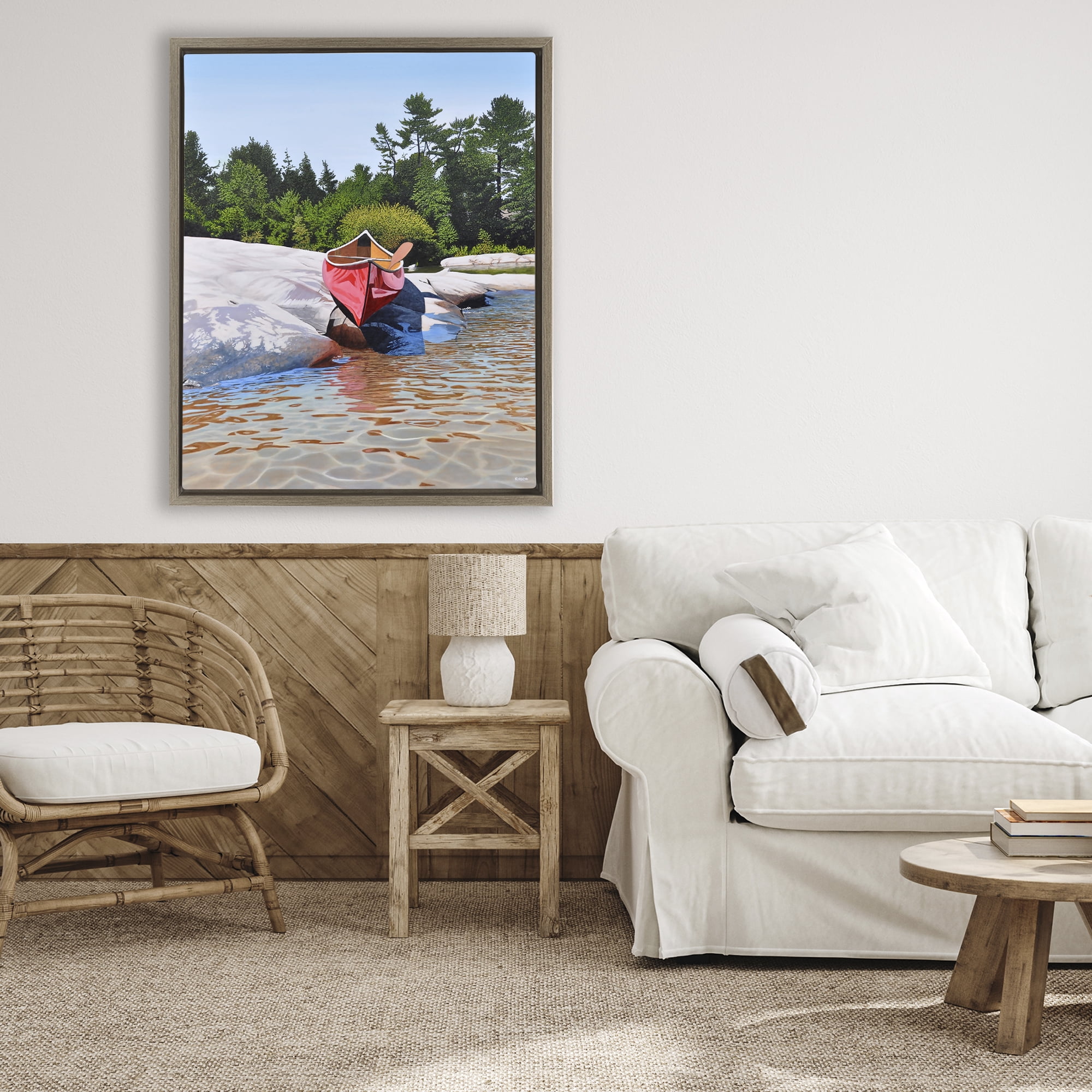 Stupell Industries Canoe at Water's Edge Brown Framed Floater Canvas Wall Art, design by Kenneth M Kirsch